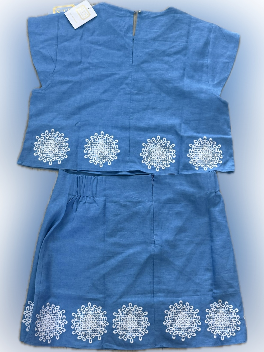 Sail to Sable, NWT summer 2026 Blue Embroidered linen skirt set sz small - Picture 6 of 7